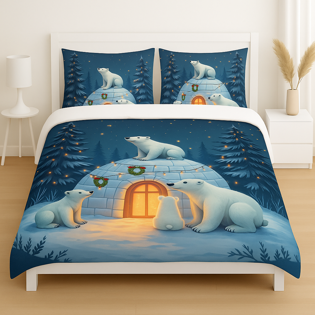 Polar Bear Igloo Wonderland – Cartoon Kids Winter Double Bed Bedsheet | 7D Digital Print