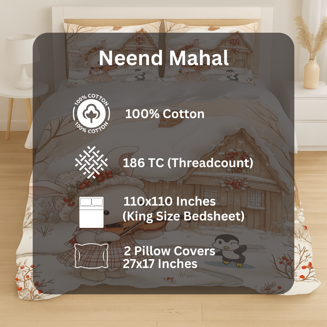 Snow Bunny Serenade – Cartoon Kids Winter Bedsheet | Cotton