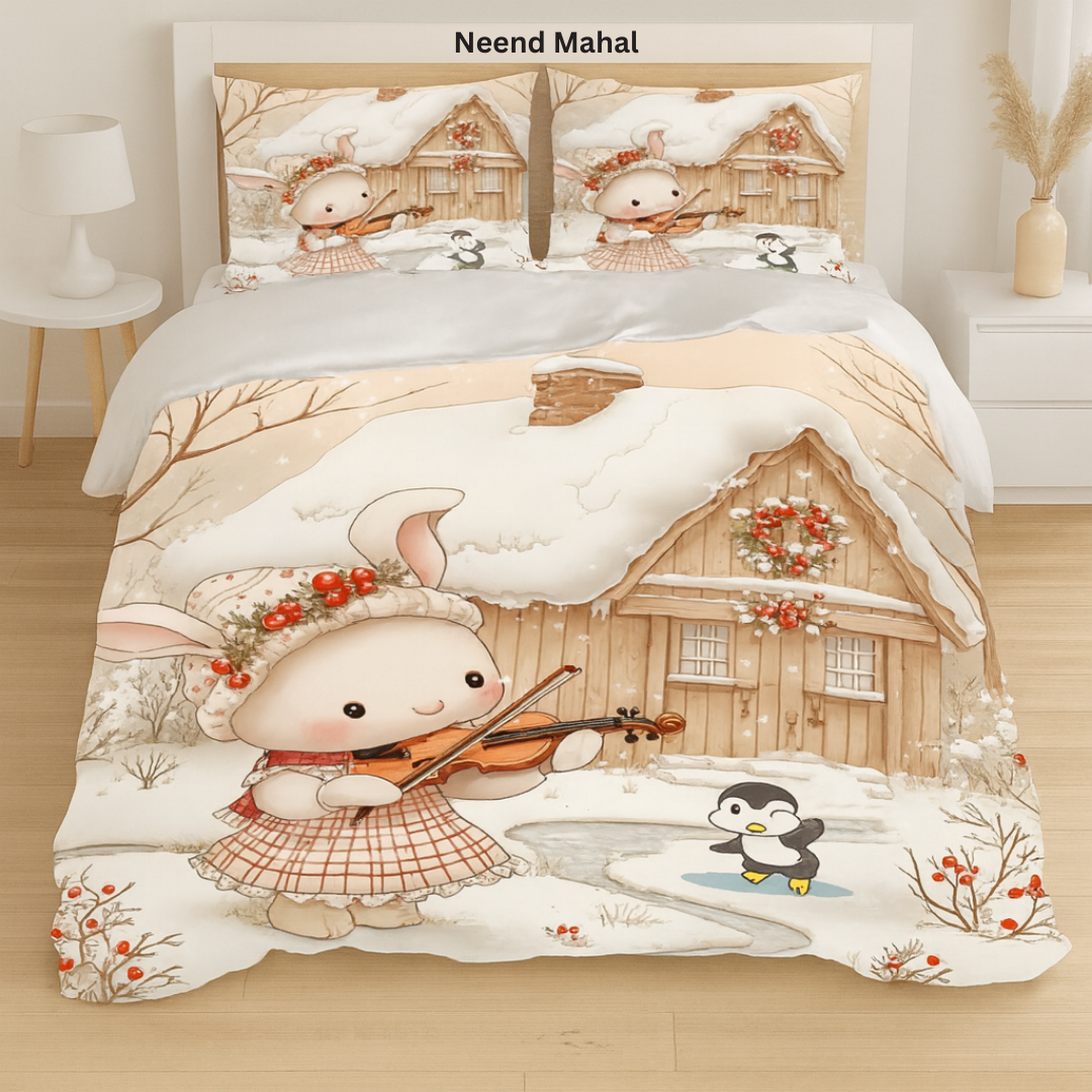 Snow Bunny Serenade – Cartoon Kids Winter Bedsheet | Cotton