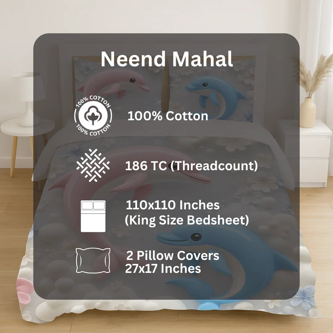 Kids bedsheet with playful pink & blue dolphins, ocean bubbles, and pastel flowers, includes matching pillow covers From neend mahal