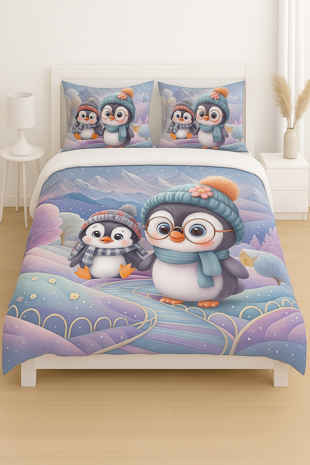 Penguin Winter Wonderland – Cartoon Kids Winter Bedsheet | Glace Cotton | King Size