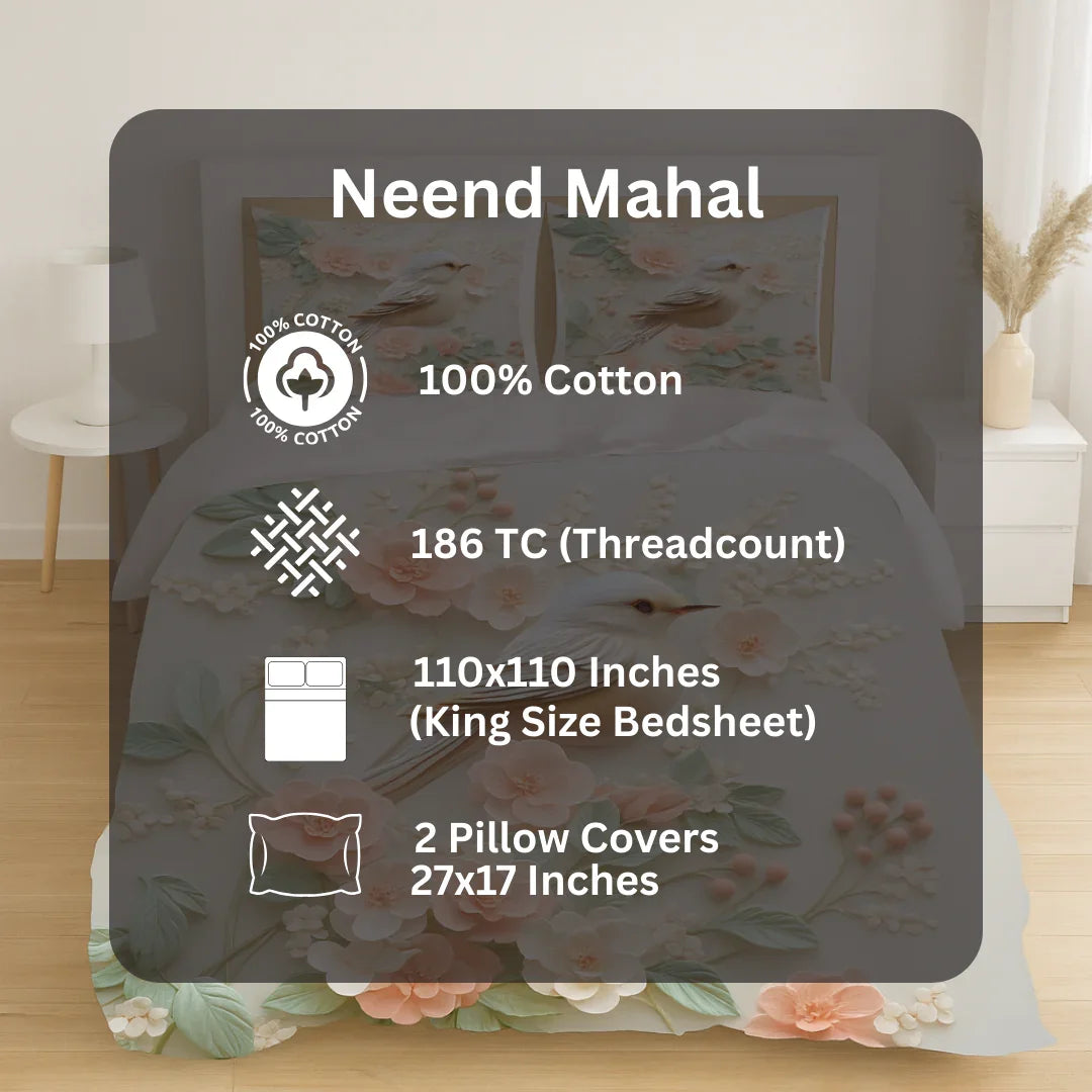 Premium floral bedsheet with bird & pastel flowers, cream background, includes matching pillow covers from Neend Mahal
