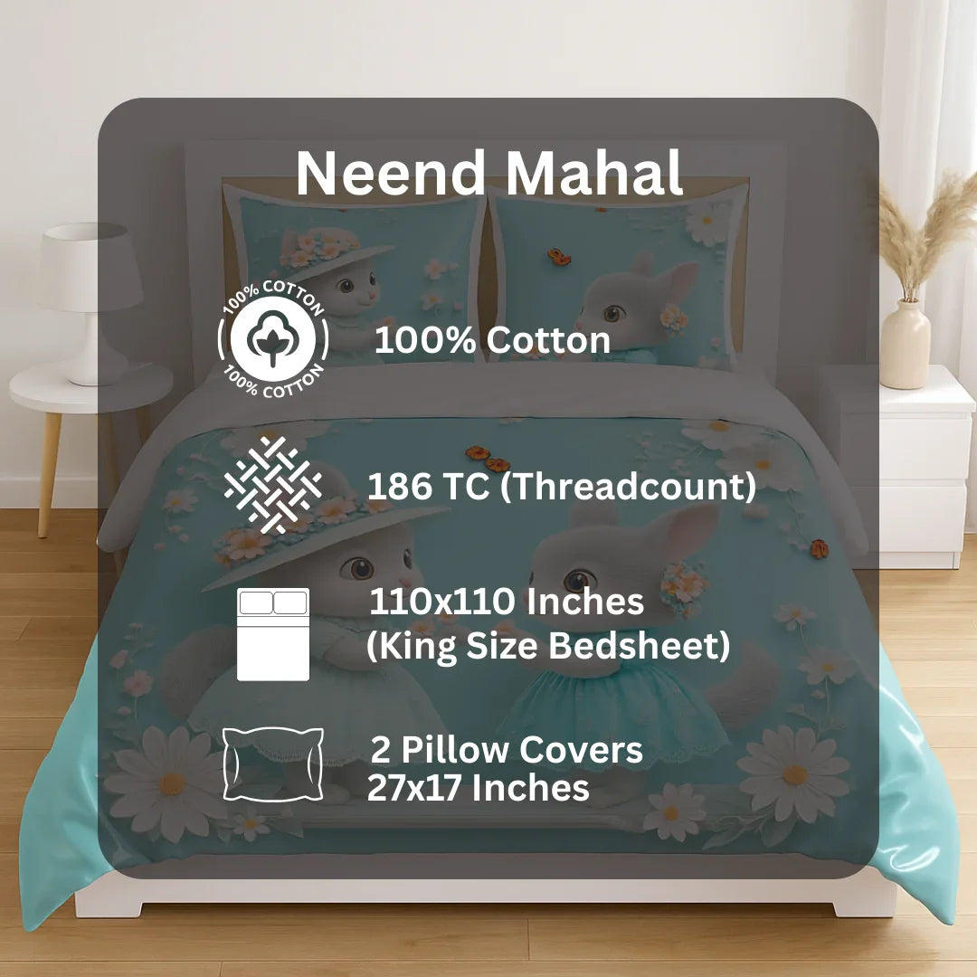 Blossom Bunny – Premium 7D Double Bedsheet with Pillow Covers