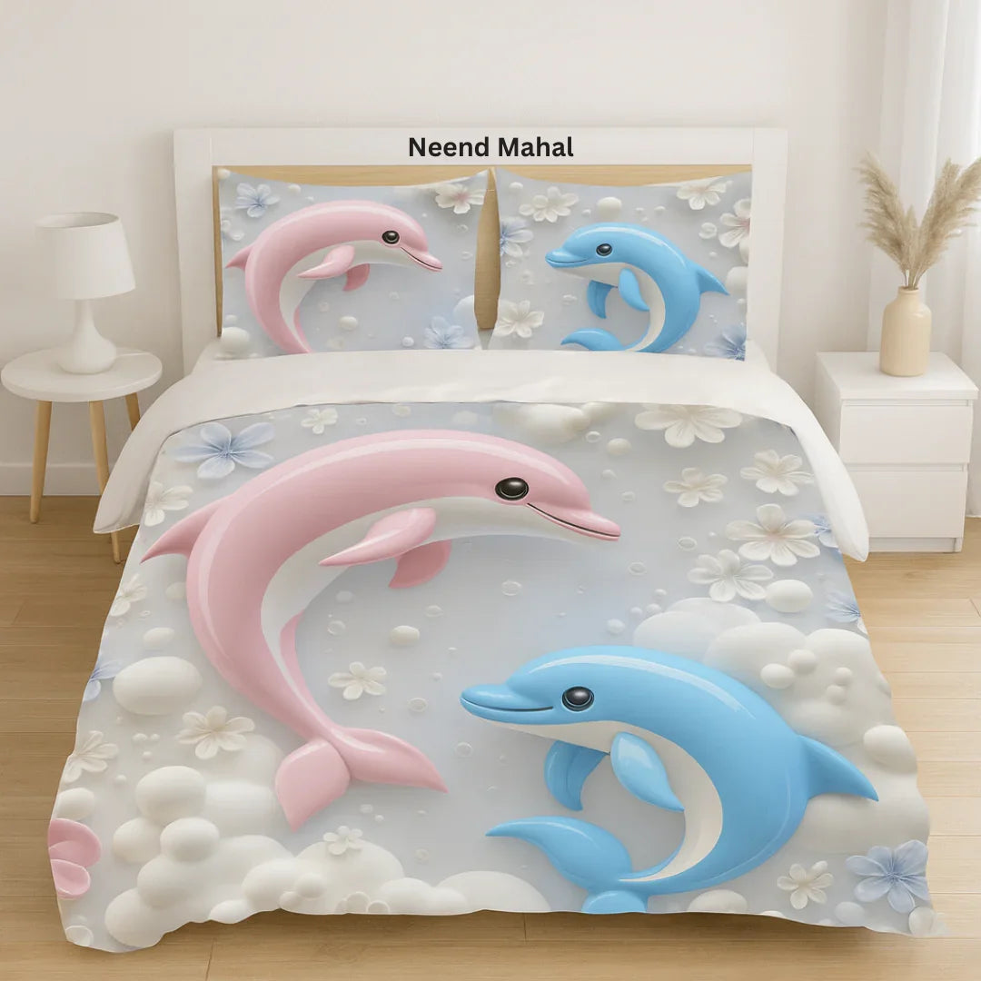 Kids bedsheet with playful pink & blue dolphins, ocean bubbles, and pastel flowers, includes matching pillow covers From neend mahal