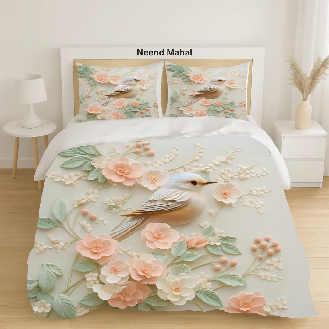 Premium floral bedsheet with bird & pastel flowers, cream background, includes matching pillow covers from neend mahal