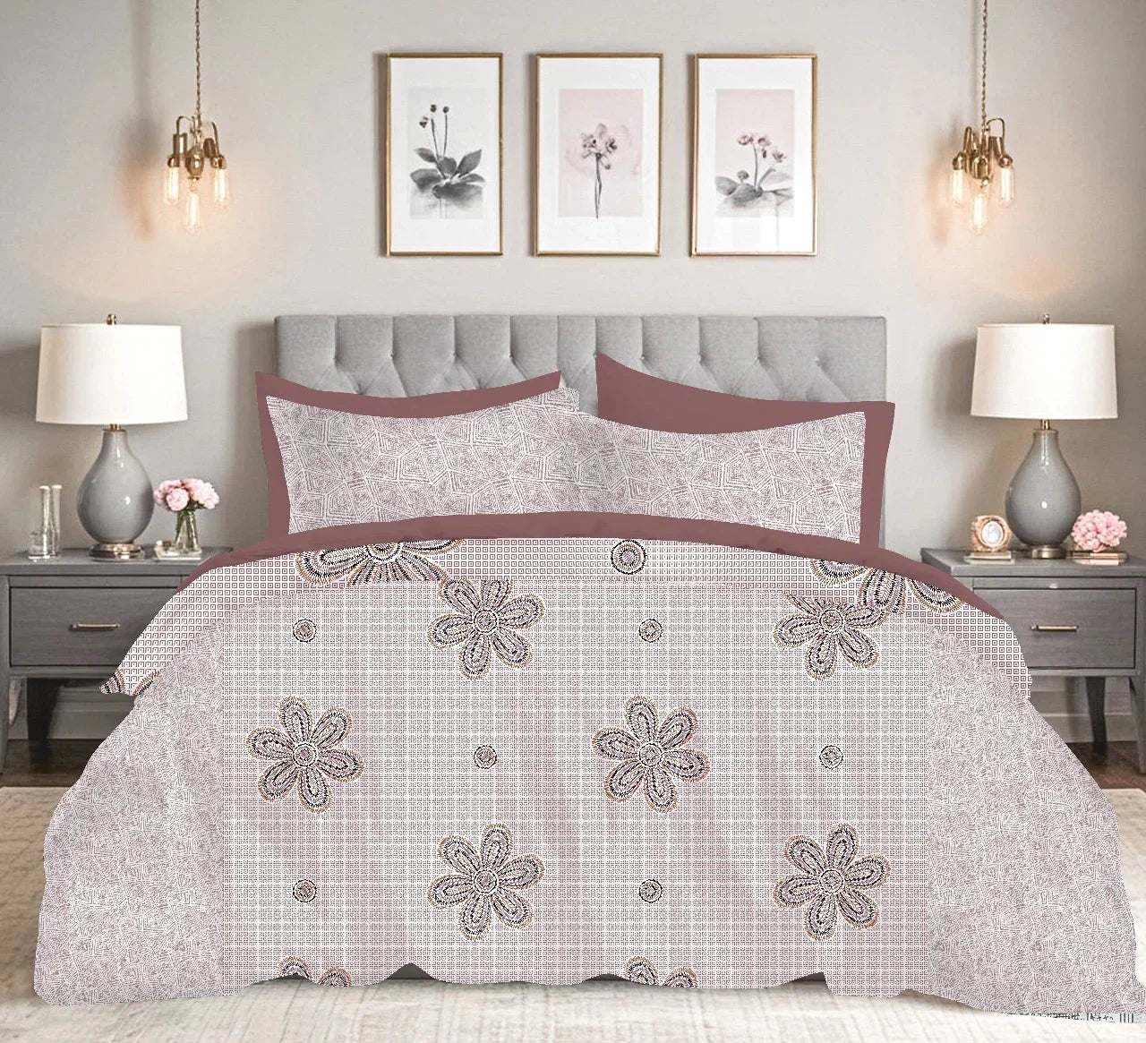 Mauve Blossom Serenity – Premium Floral Grid Double Bedsheet | Cotton