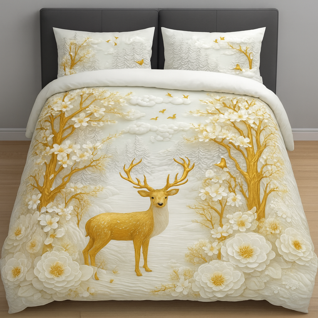 Golden Serenity Deer – Royal 7D Digital Print Bedsheet | King Size 108x108 | Neend Mahal