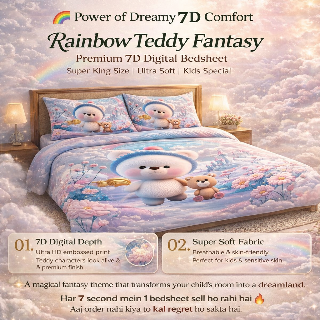 Rainbow Teddy Fantasy | 7D Bedsheet