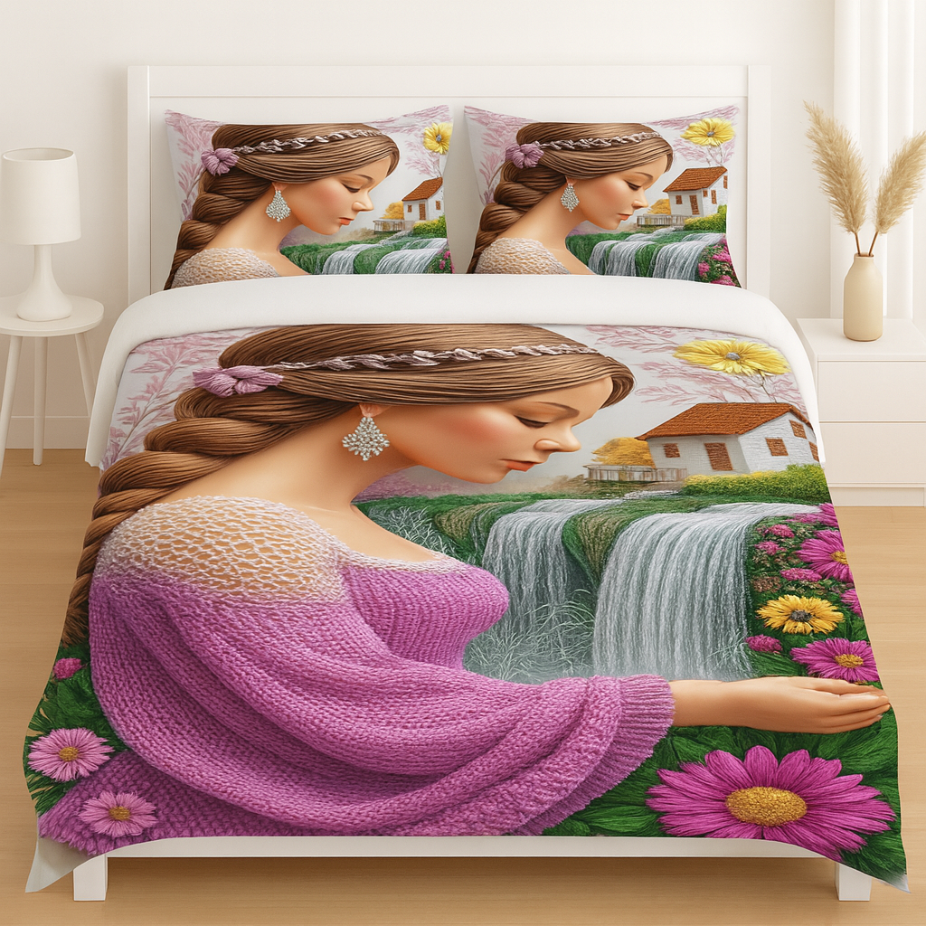 Serene Waterfall Maiden – Fantasy 7D Bedsheet | King Size 108x108 inch