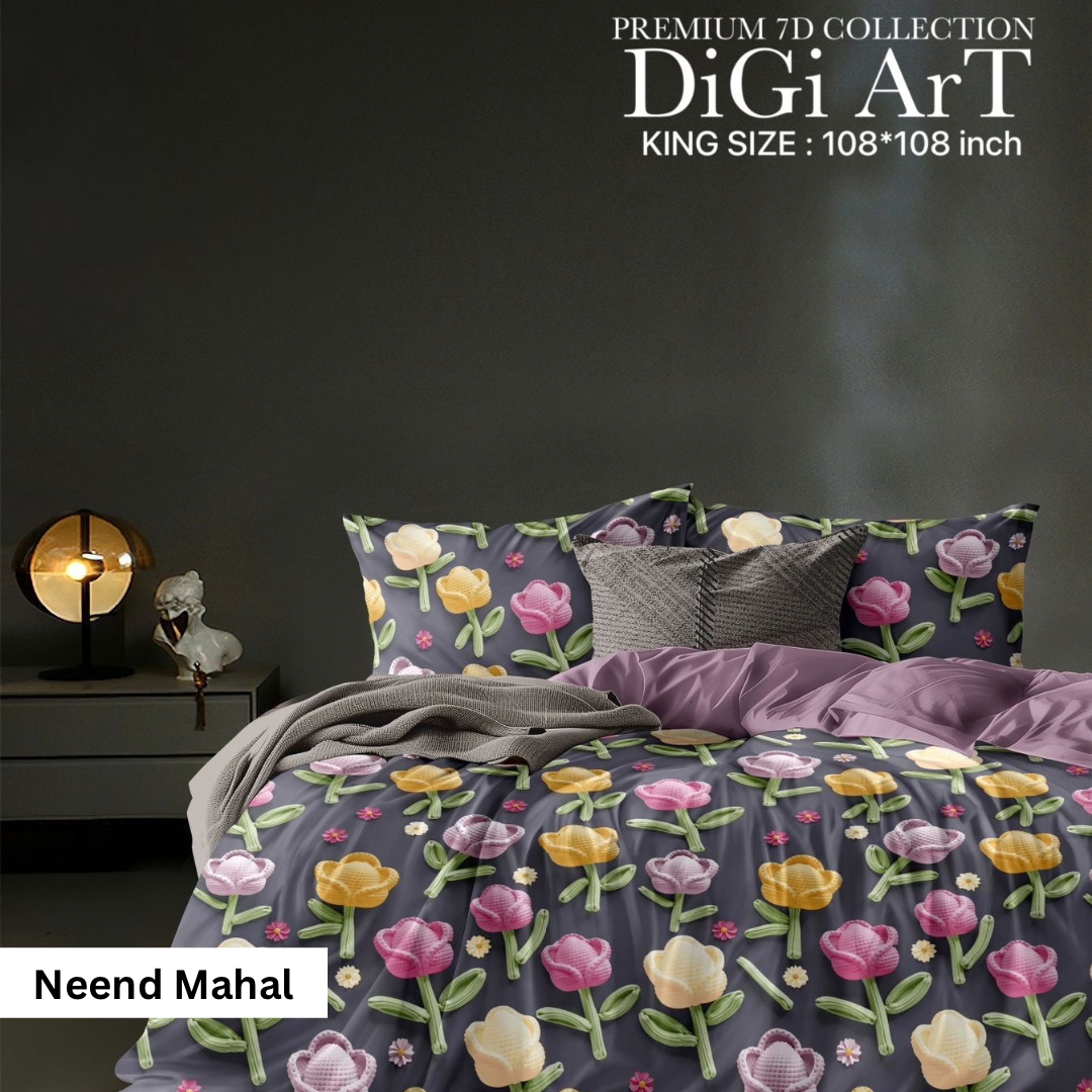 Tulip Garden Nights – Premium 7D Floral Bedsheet | King Size 108x108 inch - Neend Mahal