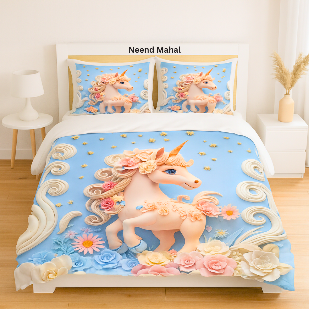 Enchanted Unicorn Dream – Premium 7D Double Bedsheet with Pillow Covers