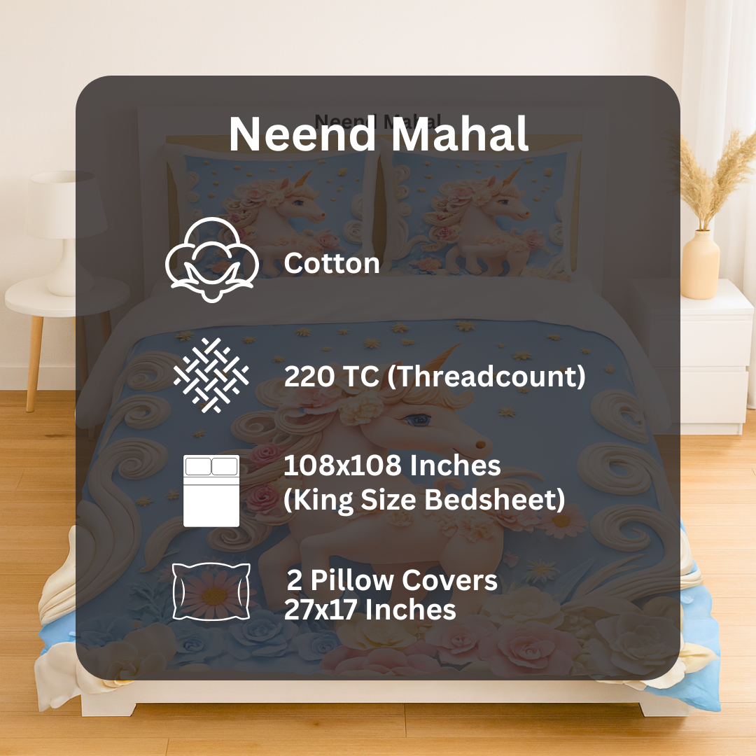 Enchanted Unicorn Dream – Premium 7D Double Bedsheet with Pillow Covers