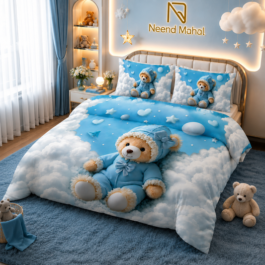 7D Bedsheet | Cloudy Teddy Dreams | King Size Bedsheet with 2 Pillow Covers