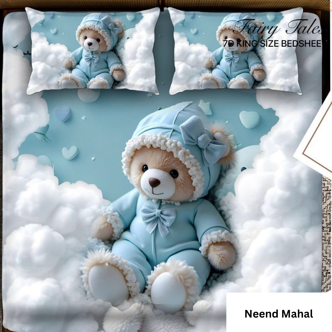 Best Sellers Cloudy Teddy Dreams – Cartoon Kids Bedsheet | 7D Digital Print | King Size