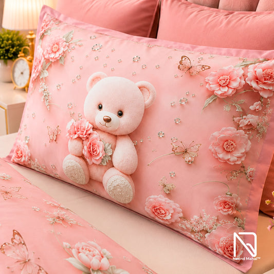7D Bedsheet | Blush Teddy | Bedsheet with 2 Pillow Covers