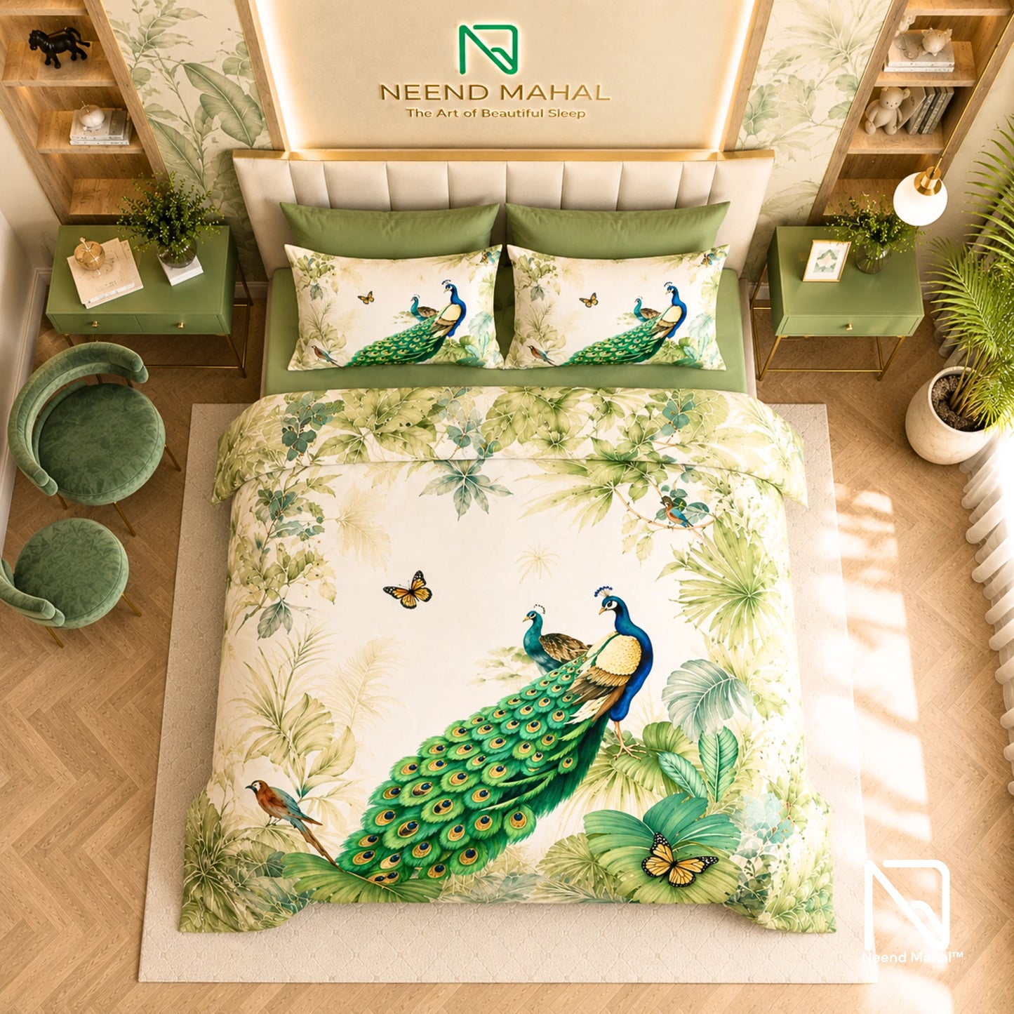 7D Bedsheet | Royal Peacock Paradise | King Size Bedsheet with 2 Pillow Covers