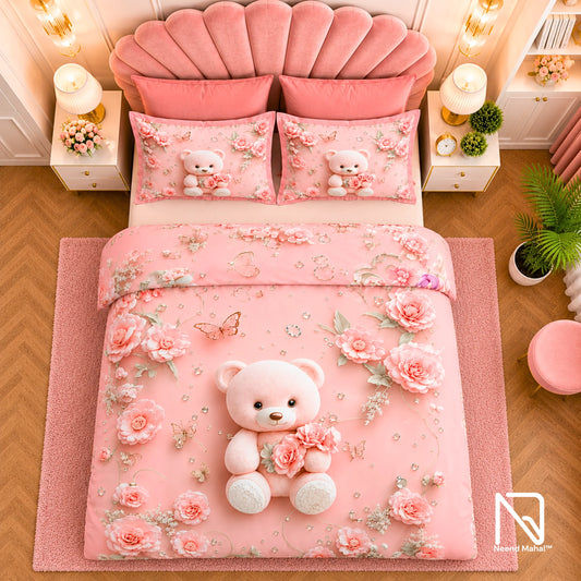 7D Bedsheet | Blush Teddy | Bedsheet with 2 Pillow Covers