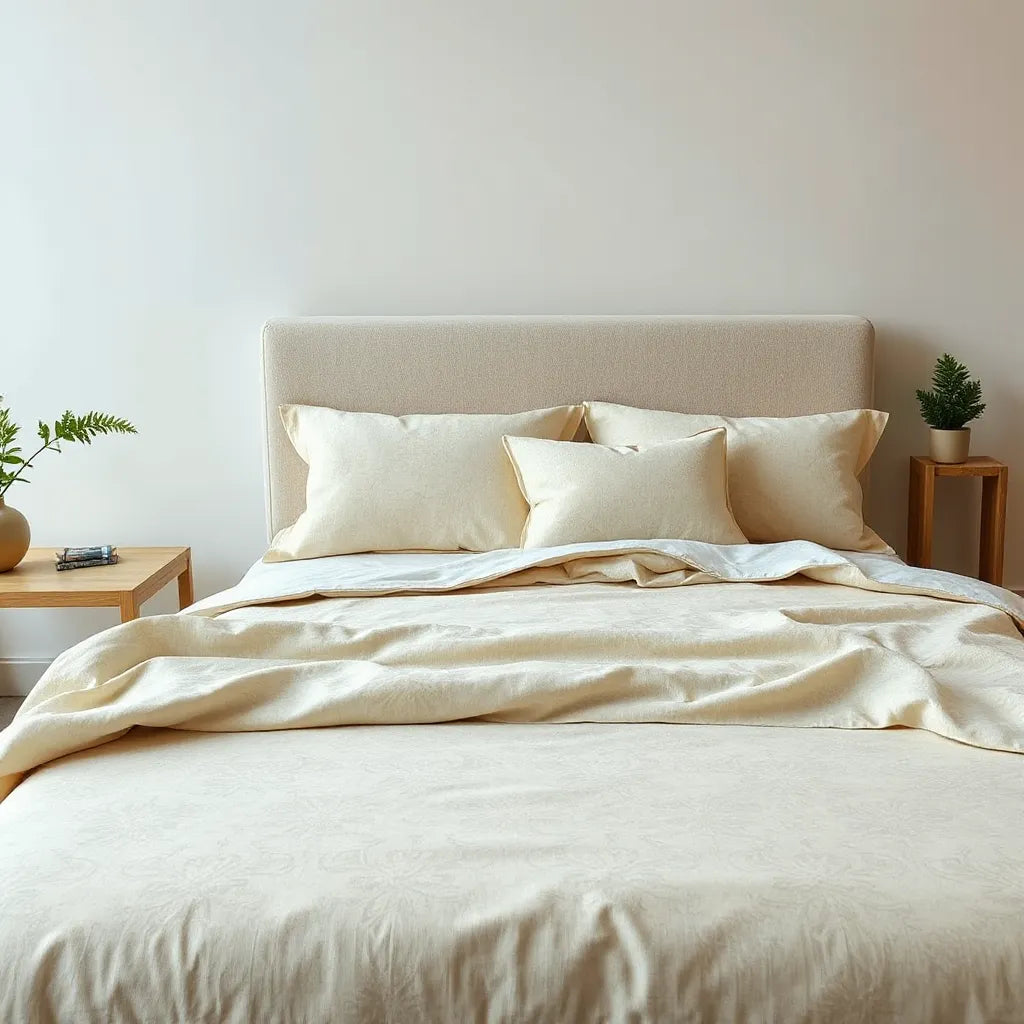 Neatly made bed with a stylish patterned bedsheet and matching pillows in soft natural light