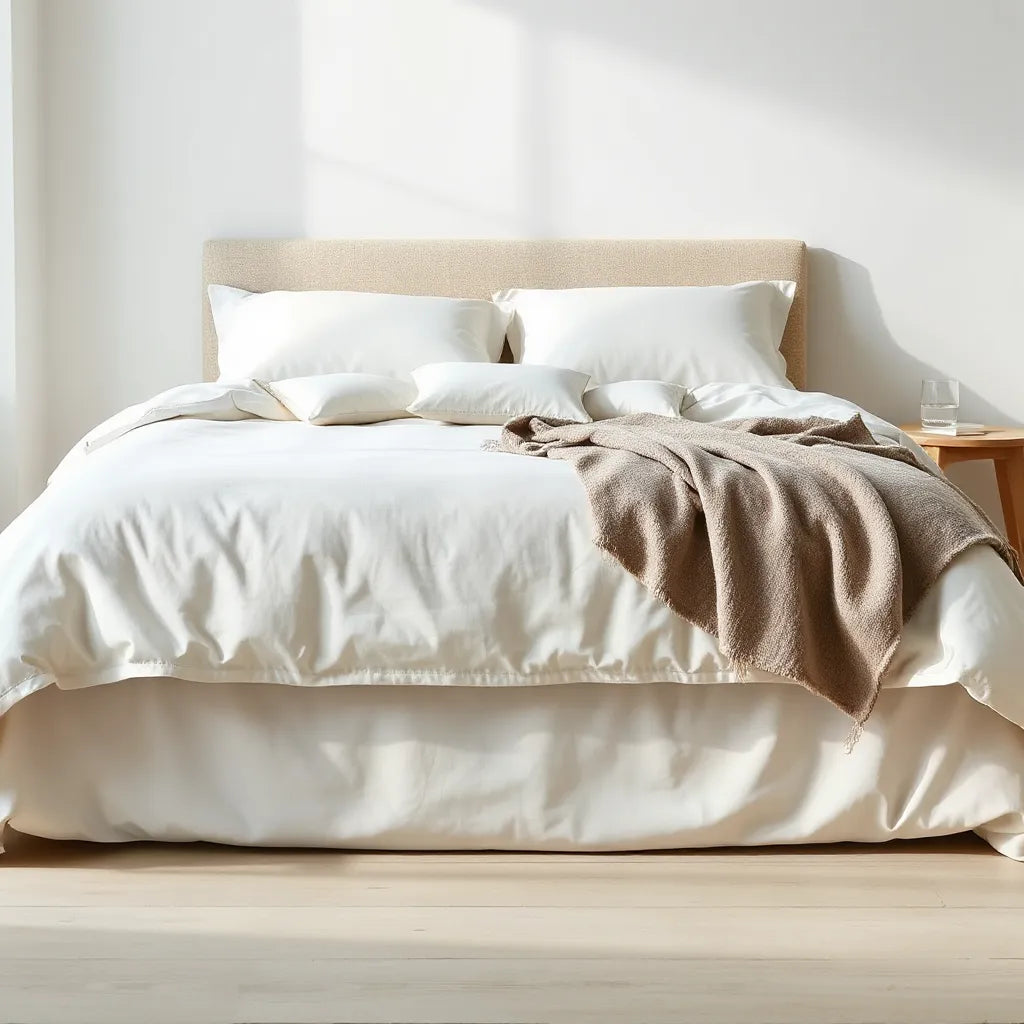 Neatly made king-size bed with soft fitted sheet, duvet, layered throws, and pillows in natural light