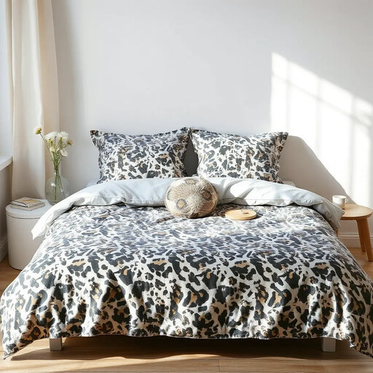 Child’s bed with animal print bedsheets and coordinating pillows in a bright, tidy room