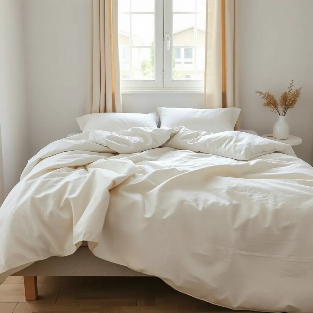 Light, breathable summer bedsheets draped on a neatly made bed in natural daylight
