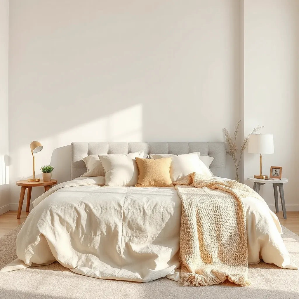 Luxury cream bedsheet with cozy throw blanket, elegant bedroom setup for restful sleep