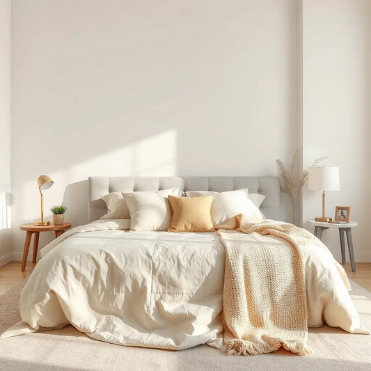 Luxury cream bedsheet with cozy throw blanket, elegant bedroom setup for restful sleep