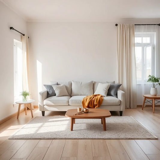 Cozy living room with neatly arranged cushions, curtains, throw blanket, and an area rug in soft daylight