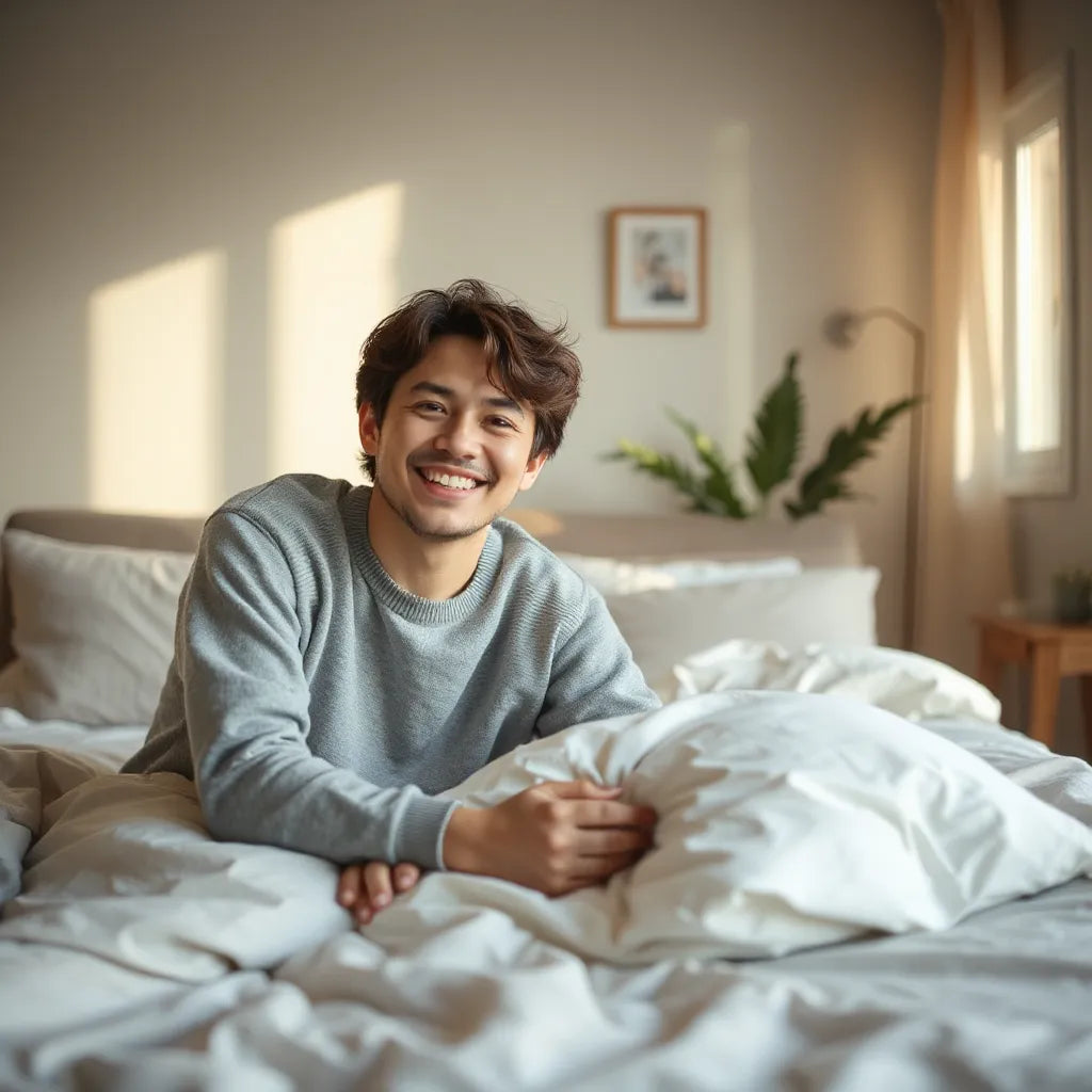 Smiling person in a cozy, sunlit room near neatly made soft bedding