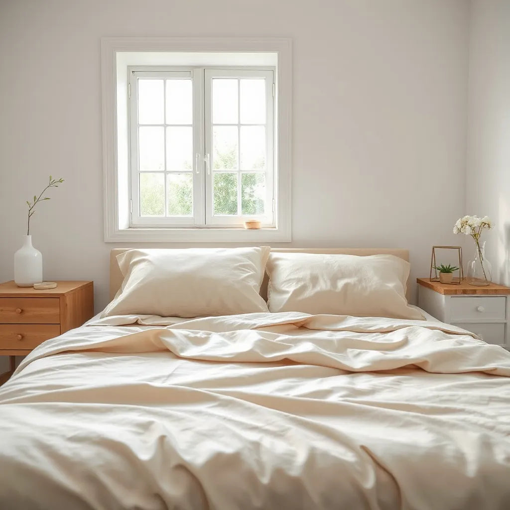 Neatly made bed with premium cotton bedsheets showing soft texture in natural daylight