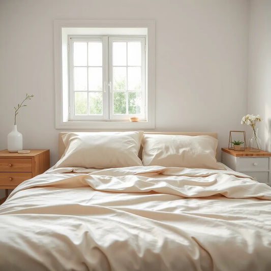 Neatly made bed with premium cotton bedsheets showing soft texture in natural daylight