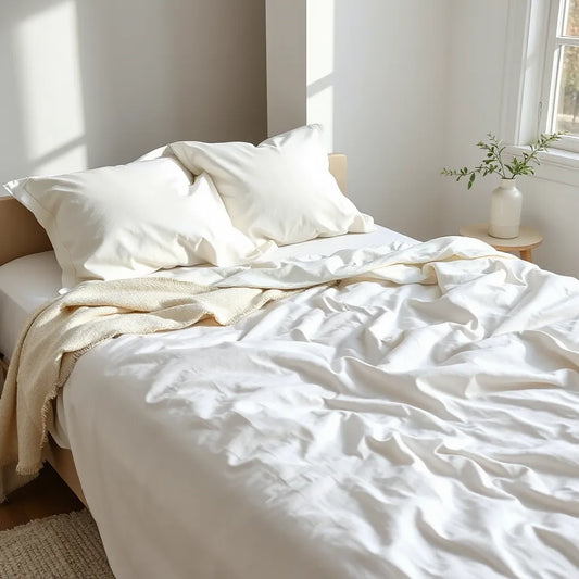Luxury white bedsheets with soft texture, styled on a cozy bed with natural light for elegant, restful sleep.