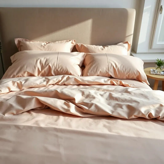 Neatly made bed with luxury 7D bedsheets and soft, refined folds under natural daylight