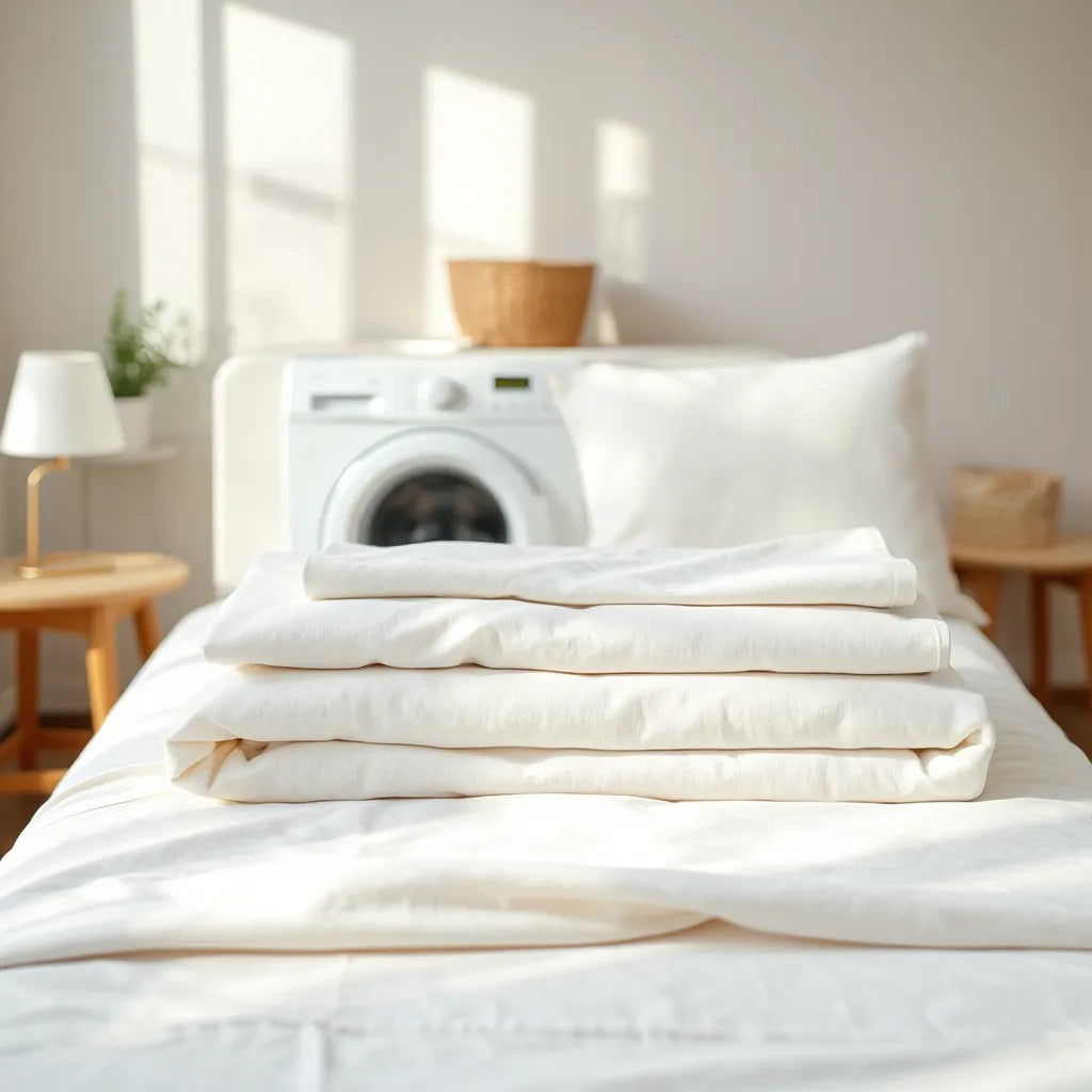 Neatly made bed with crisp sheets and a washing machine in the background for simple laundry care