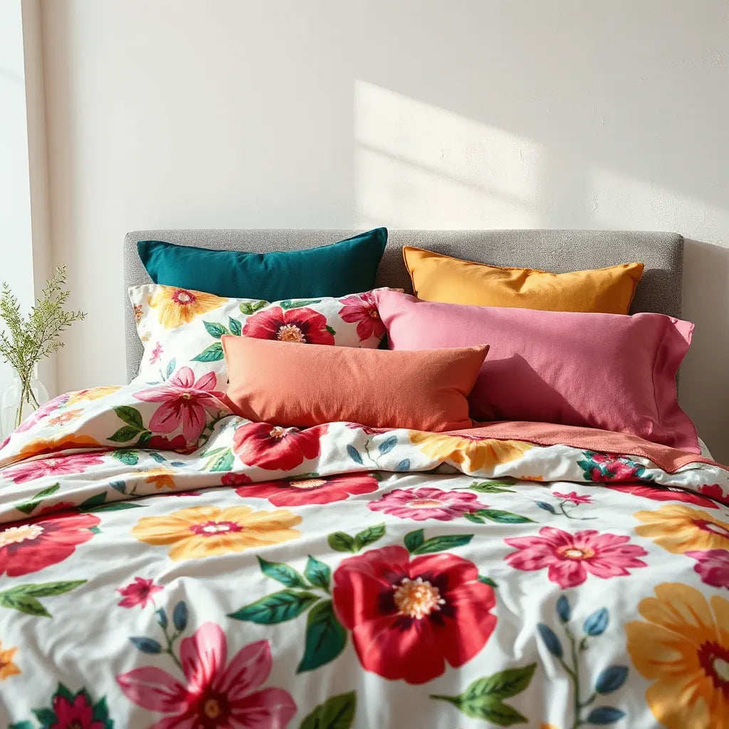 Neatly made bed with vibrant printed bedsheets and matching pillows in a bright, modern bedroom