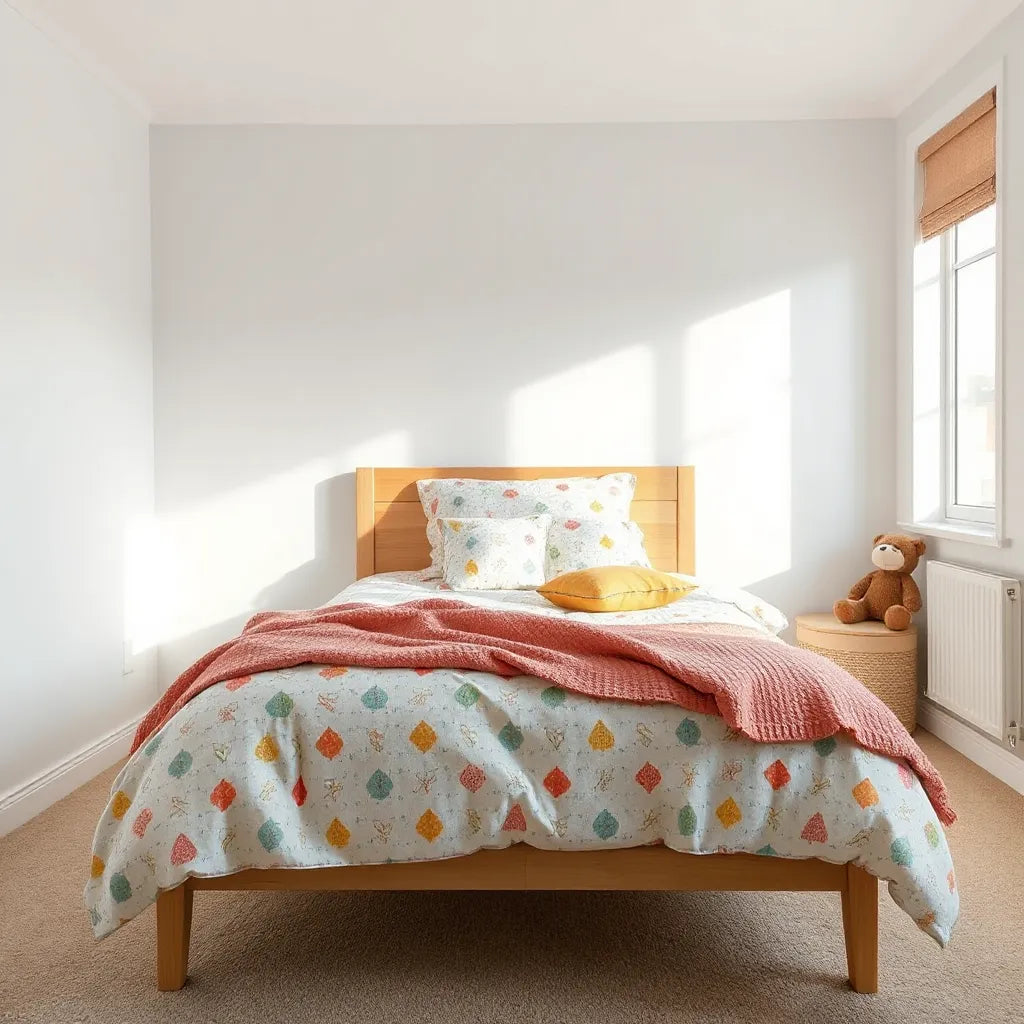 Colorful patterned bedsheets on wooden bed with cozy throw, sunny bedroom setting