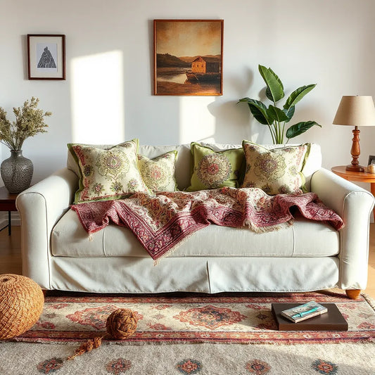 Living room styled with embroidered cushions and patterned throw blanket in warm tones