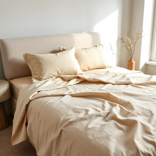 Luxury beige bedsheets with elegant pillowcases, styled on a modern bed for cozy, restful sleep.