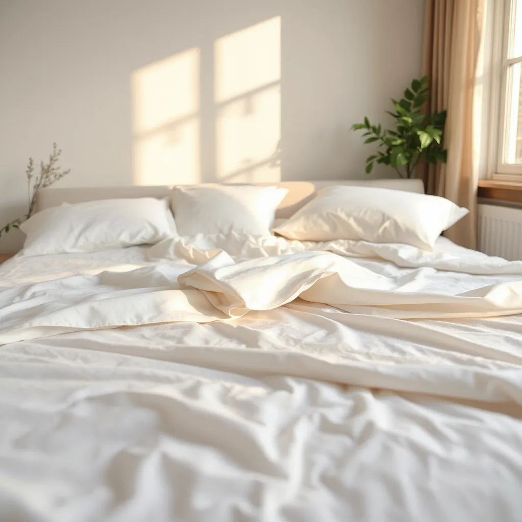 Neatly made bed with a white 100% cotton bedsheet showing soft, breathable fabric folds