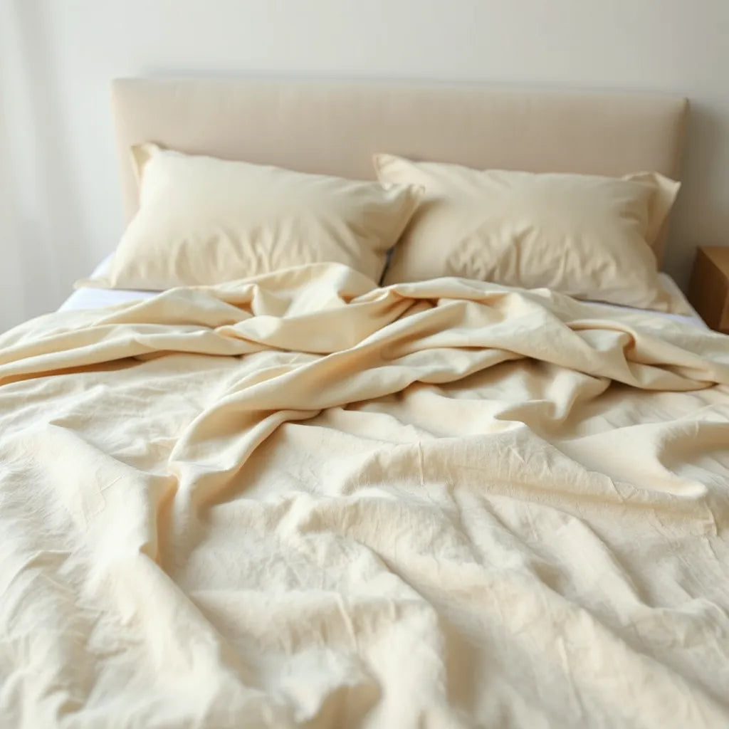Neatly styled bed with textured cotton bedsheets and soft pillowcases in natural light