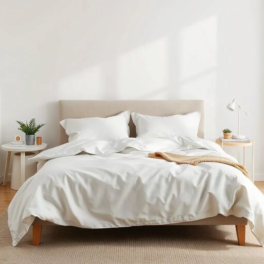 Neatly made bed showing vibrant, crisp digital print sheets in natural daylight
