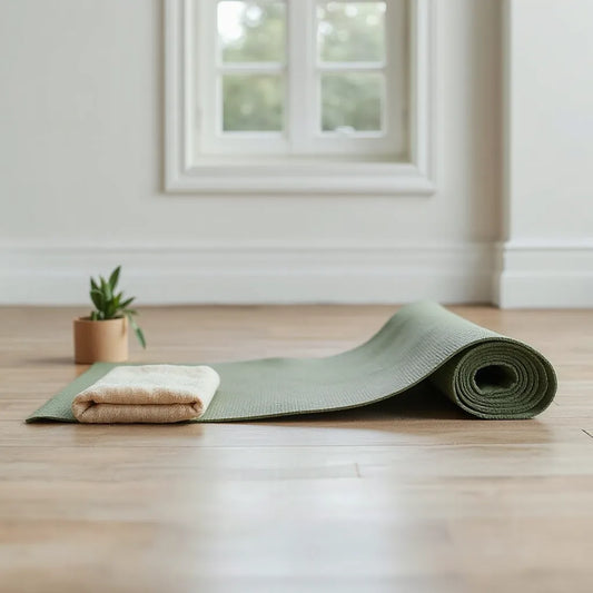 Eco-friendly yoga mat with visible natural texture on a wooden floor beside a plant