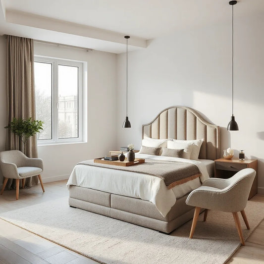 Stylish modern bed with a sculptural headboard in a bright, minimal bedroom setting