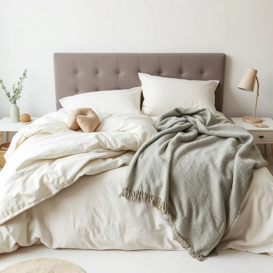 Bed styled with layered seasonal bedding, showing a lighter duvet and a warmer comforter under soft natural light