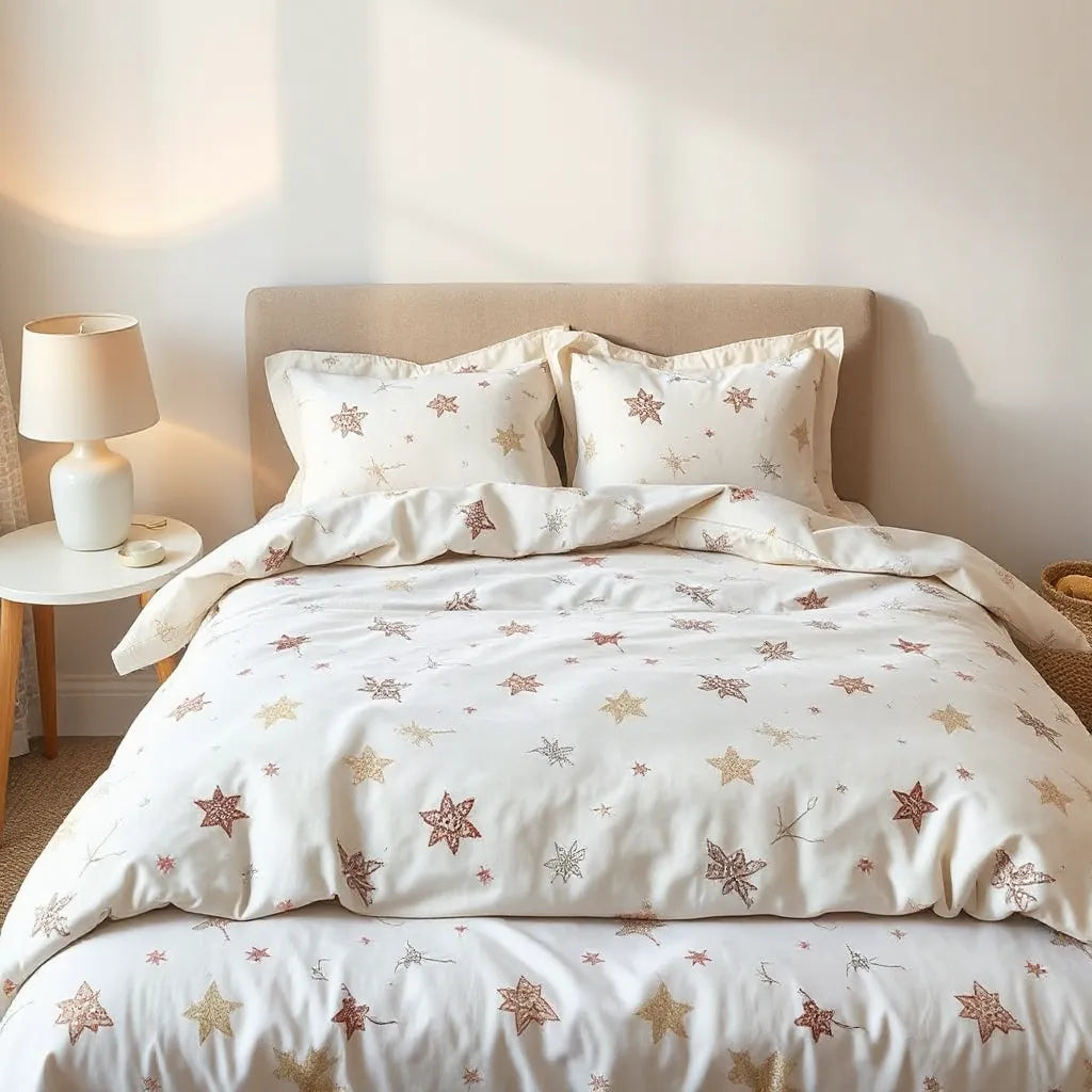 Cream bedsheets with gold and red star print, luxury bedroom decor for cozy, elegant sleep