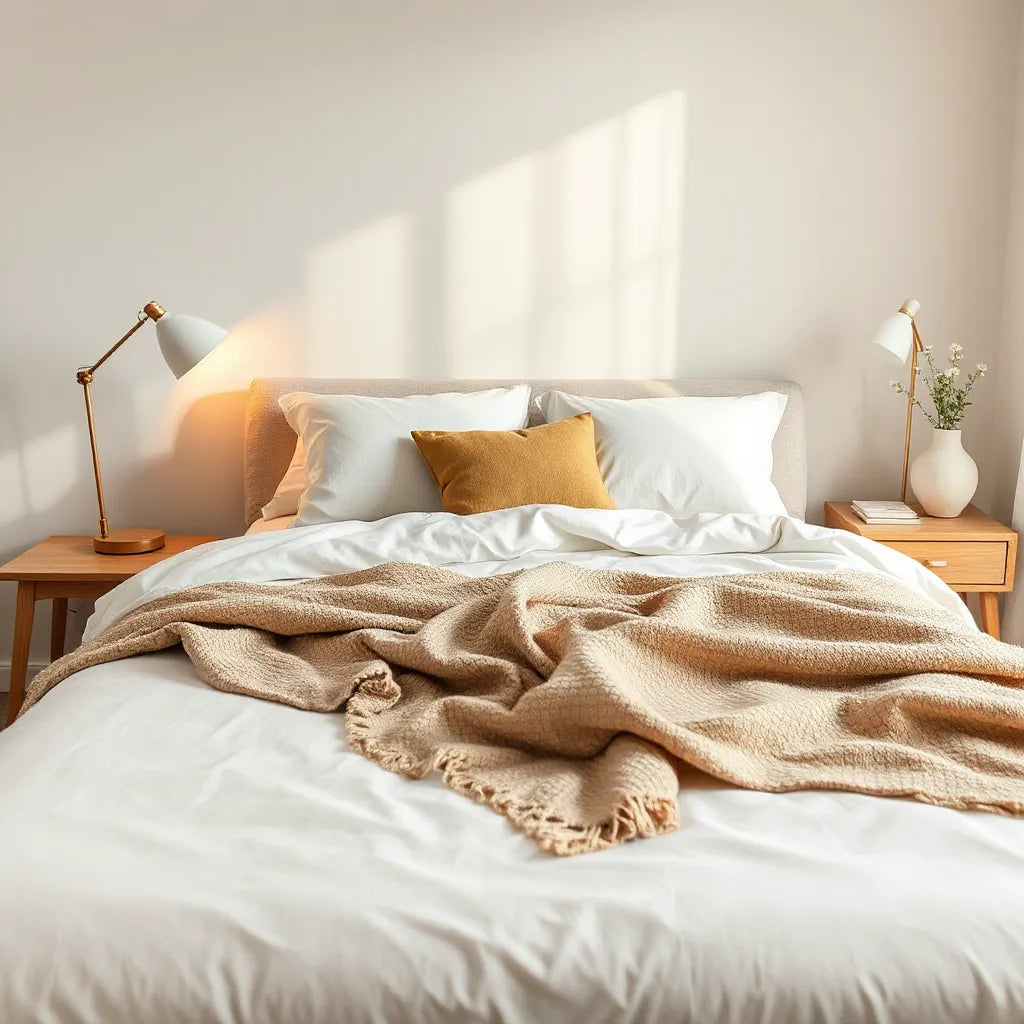 Neatly made modern bed with neutral bedding, warm bedside lamp light, and minimalist decor