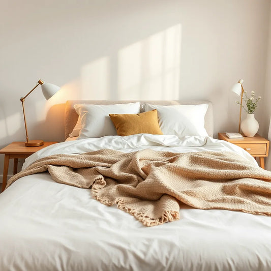 Neatly made modern bed with neutral bedding, warm bedside lamp light, and minimalist decor
