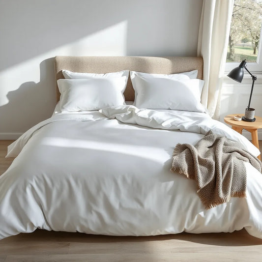 Neatly made bed with high-detail digital print duvet cover and matching pillowcases in a bright bedroom