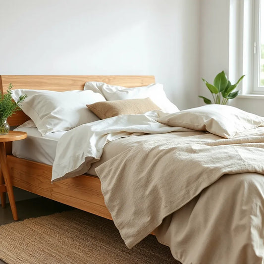 Neatly layered natural fabric bedding in a bright, minimal bedroom setting