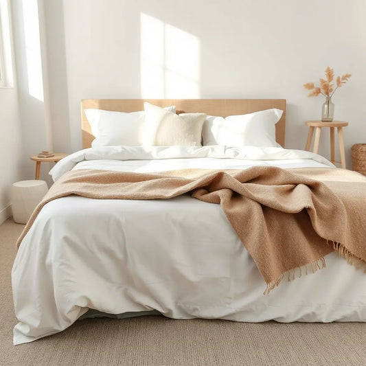 Layered bedding textiles on a neatly made bed with soft neutral fabrics and natural light